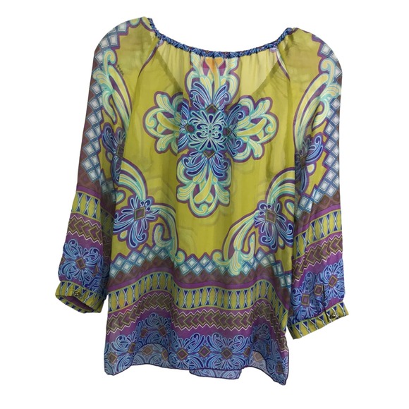 Hale Bob Women's Cabana Blouse Silk Bell Sleeve Boho Festival Green Floral XS - Picture 3 of 10